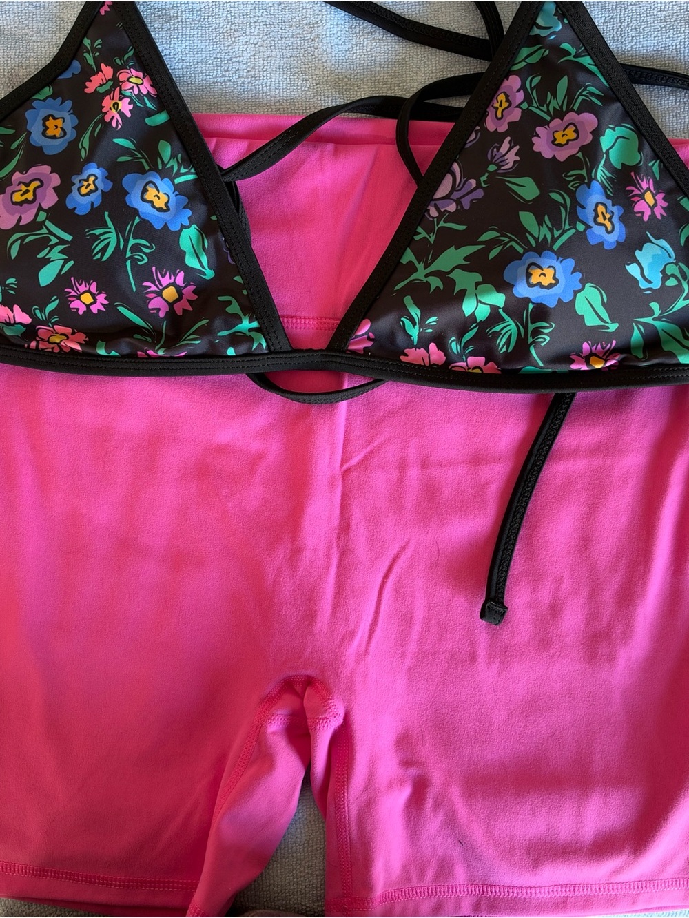 Floral Triangle Bikini Top with Hot Pink Swim Shorts